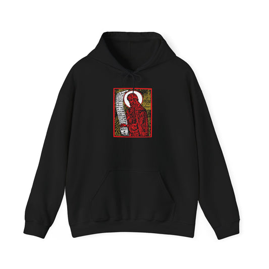 St. John of Damascus Icono-Graphic black hoodie with a red, black, and gold religious icon graphic on the chest.