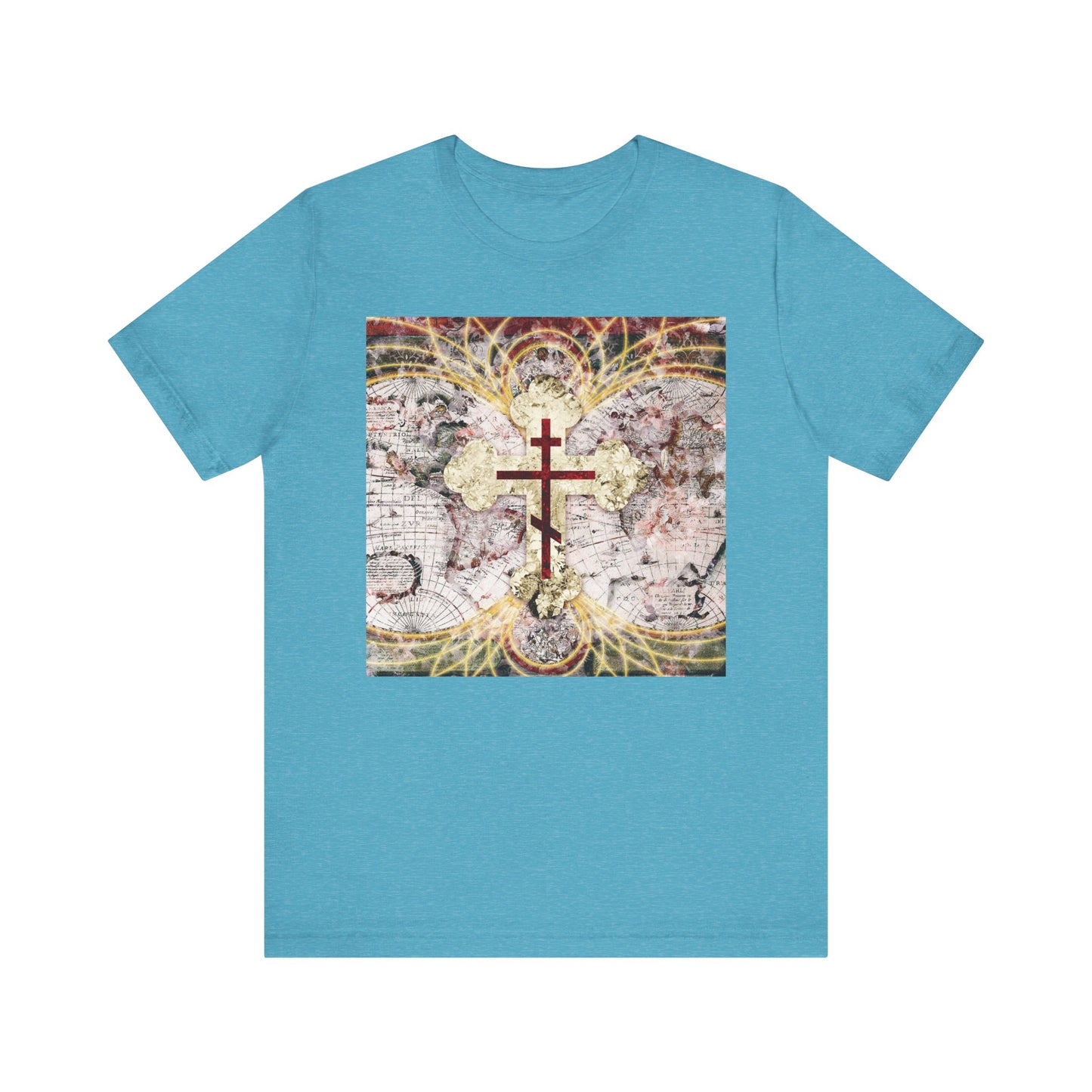 Heather Aqua tee featuring a red Orthodox cross on an antique map with glowing magnetic lines and a subtle reference to "Conqueror of Death"—a unique Orthodox Christian lightweight cotton unisex shirt.