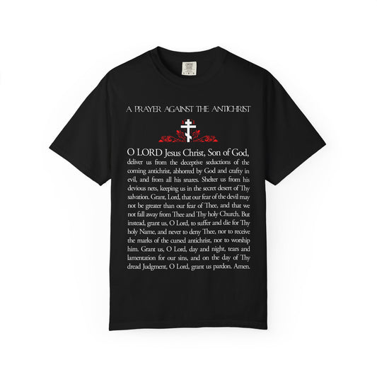 Heavyweight cotton unisex tee featuring "Prayer Against the Antichrist By Elder Anatoly the Younger of Optina," white cross, red accents, and "Christ is King"—inspired by Book of Revelation.