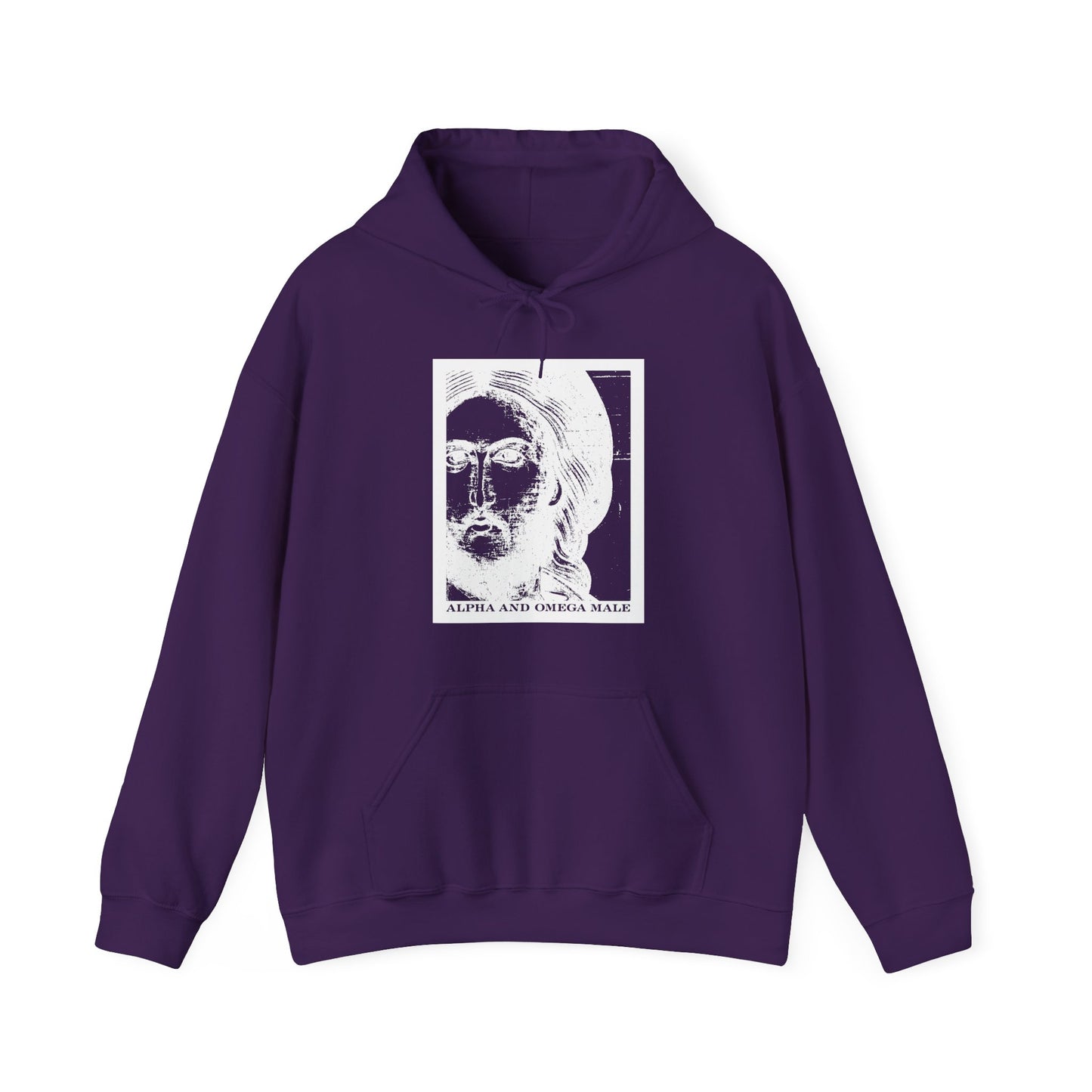 Purple “Alpha & Omega Male” hoodie featuring a white photonegative face graphic and “I am the Beginning & the End (Rev 22)” text; Orthodox Christian cotton/poly blend, inspired by Jesus Christ.