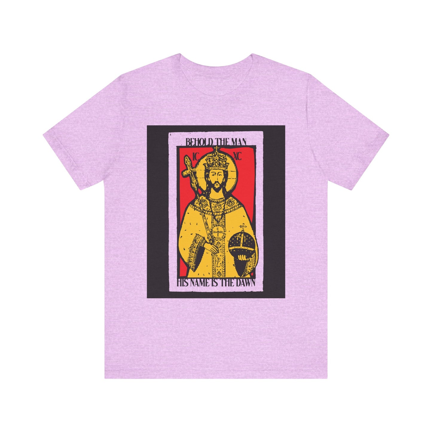 Heather Prism Lilac tee featuring a red & yellow Christ icon and “Behold the Man, His Name is the Dawn” (Zechariah 6:12 LXX), inspired by Messianic hope. Lightweight cotton, unisex fit.