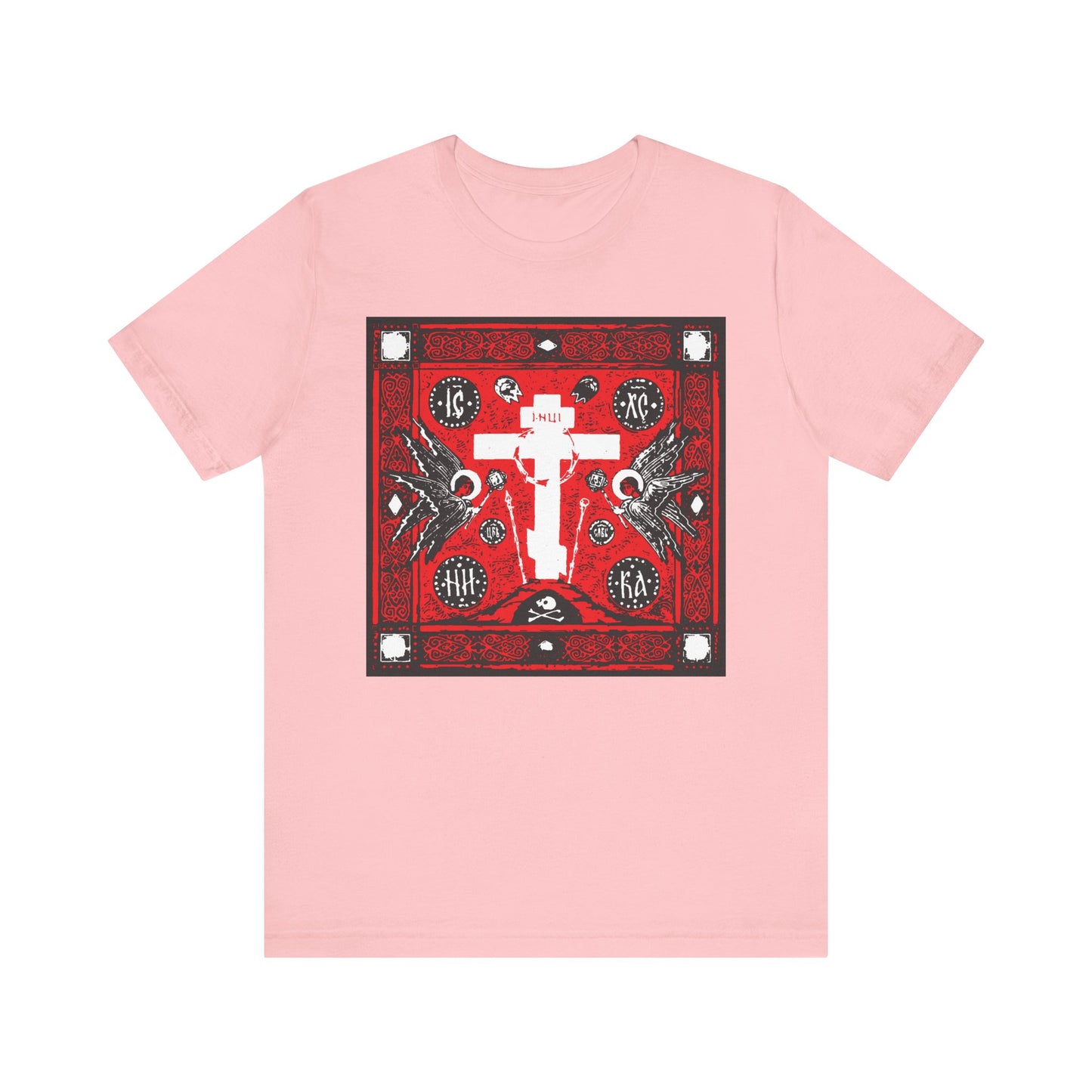 Adoration of Holy Cross IconoGraphic pink t-shirt features a striking red, white, and black Russian cross with angels, inspired by Novgorod artistry. Lightweight cotton unisex design.