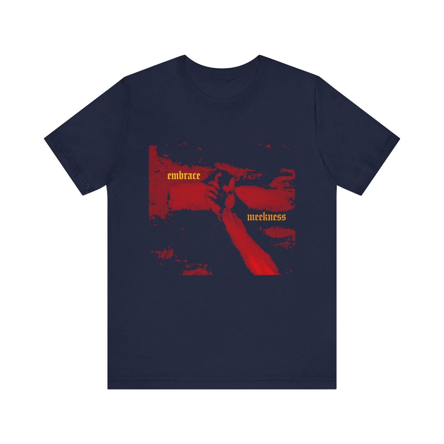 Navy Embrace Meekness T-shirt featuring haunting crucified hand of Christ in red, yellow gothic text "Meek Shall Inherit Earth," inspired by The Ladder of Divine Ascent. Lightweight cotton unisex tee.
