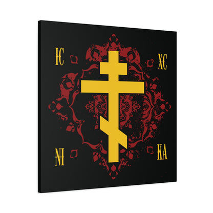 The ICXC NIKA Yellow Russian Cross on an ornate red background symbolizes Christ’s victory, featuring “Jesus Christ Conquers” in Greek—an ideal Orthodox Christian canvas art for your space.