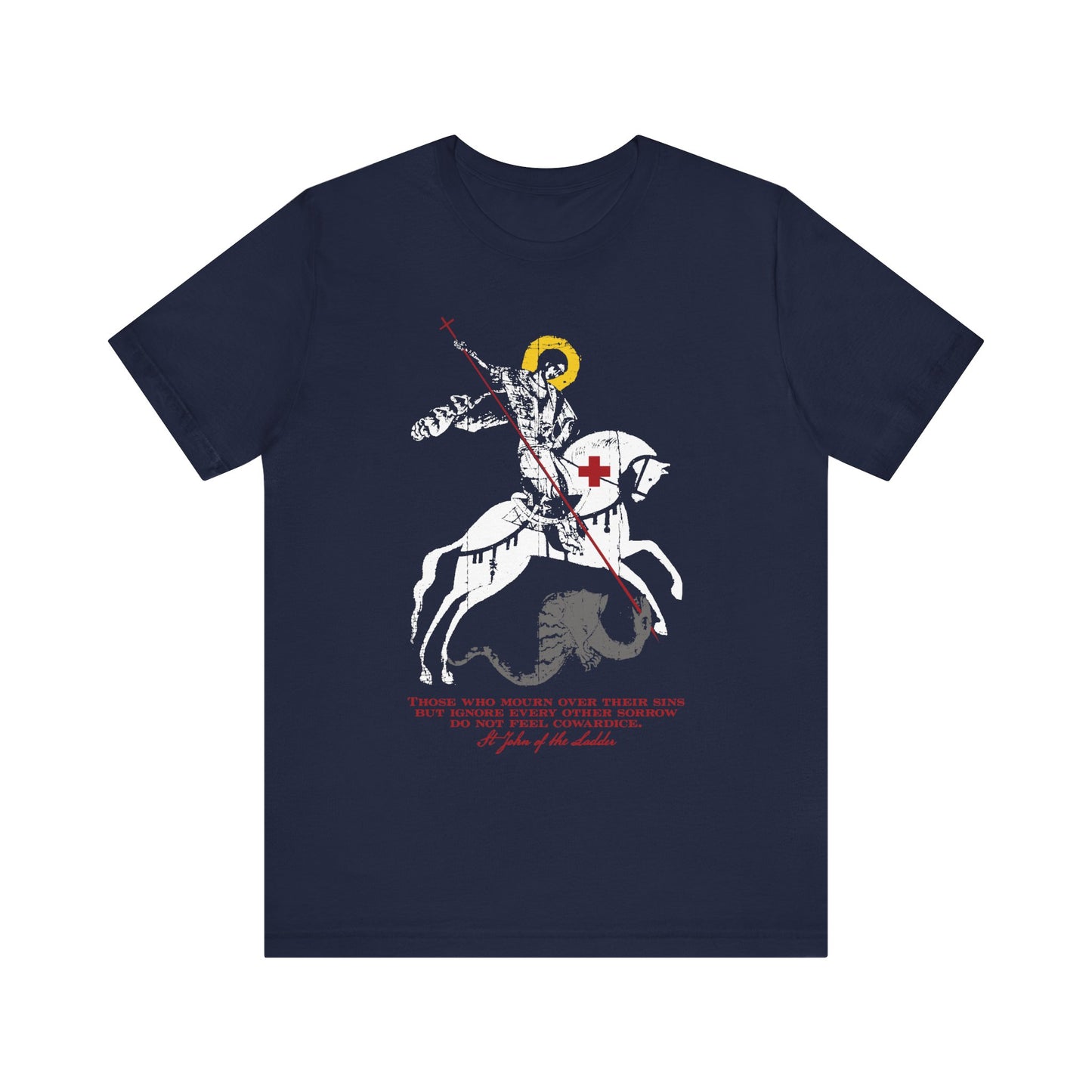 Navy “Those Who Mourn Over Their Sins” unisex tee, featuring a St George slaying the dragon iconographic design with vibrant red text and a yellow halo—an Orthodox Christian shirt inspired by St John Climacus’s portrayal of soul-searching grief transformed into courageous mourning.