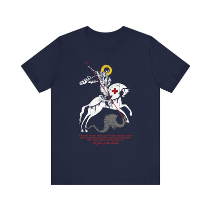 Navy “Those Who Mourn Over Their Sins” unisex tee, featuring a St George slaying the dragon iconographic design with vibrant red text and a yellow halo—an Orthodox Christian shirt inspired by St John Climacus’s portrayal of soul-searching grief transformed into courageous mourning.
