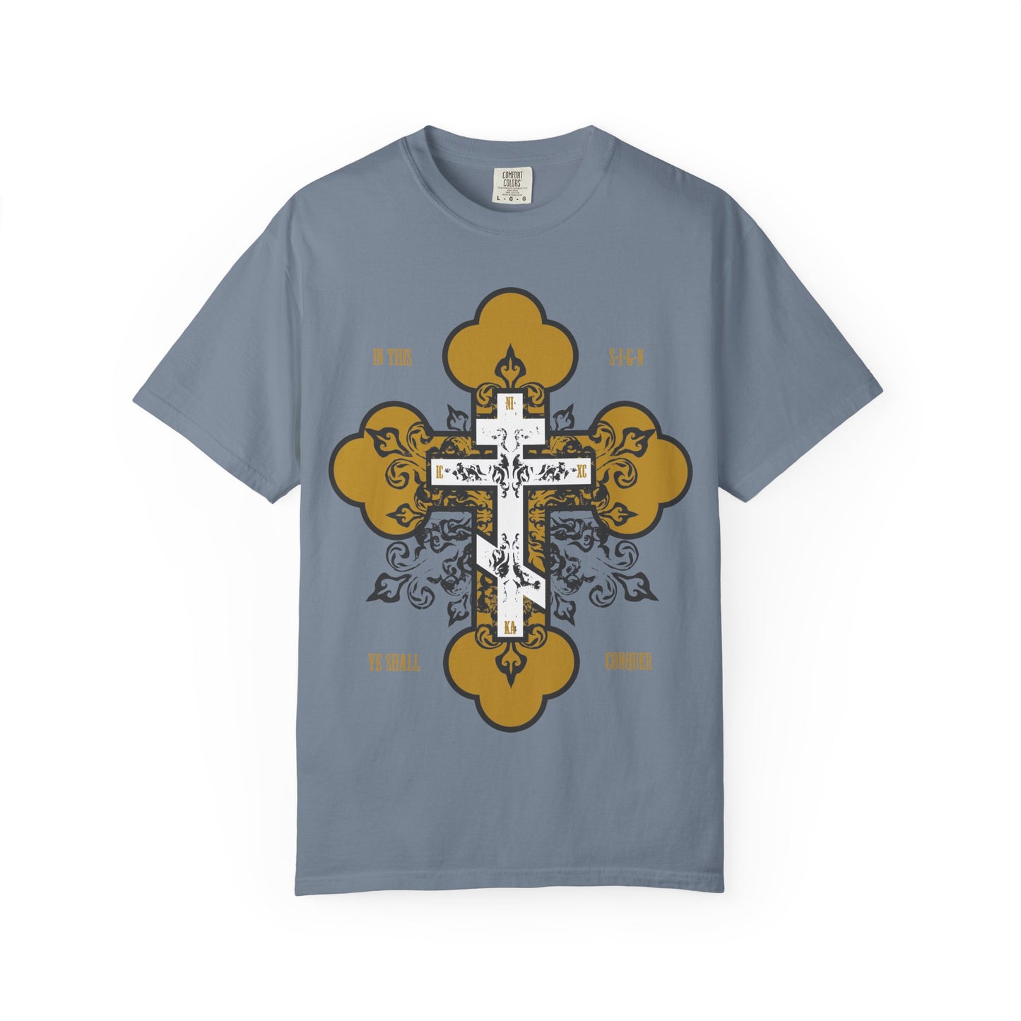 Blue Jean unisex heavyweight cotton tee featuring an ornate white and gold Orthodox cross with the inscription "In Hoc Signo Vinces" and text: "In You is all I have to hold on to." The In This Sign Ye Shall Conquer shirt blends Christian inspiration with elegant design, drawing from St. Joseph the Hesychast t-shirt styles for a meaningful faith statement piece.
