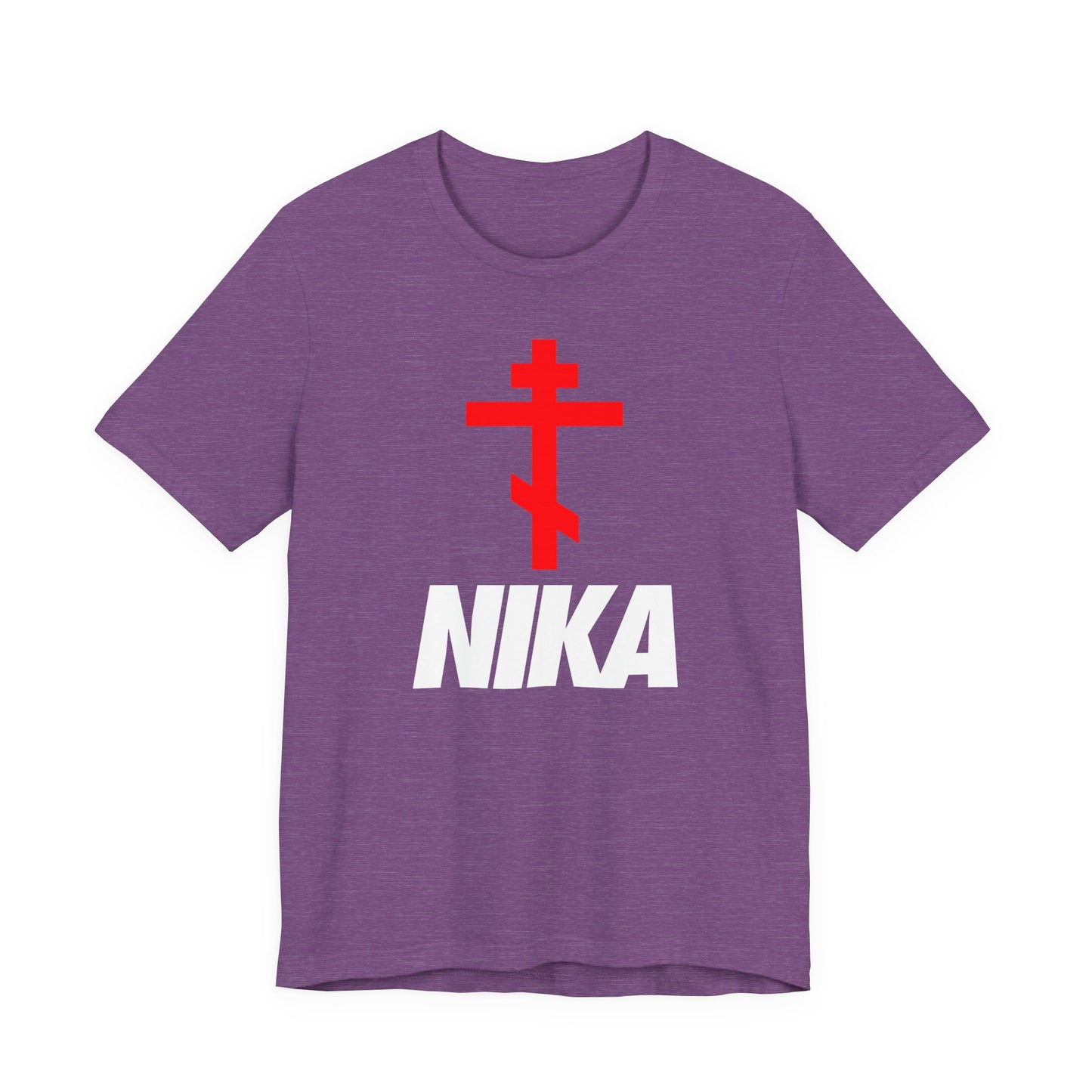 Heather Team Purple t-shirt featuring an Orthodox cross, Christogram, and bold white NIKA text, inspired by traditional iconography; a minimalist athletic ascetic design—Jesus Christ Conquers mashup with NIKE logo style.