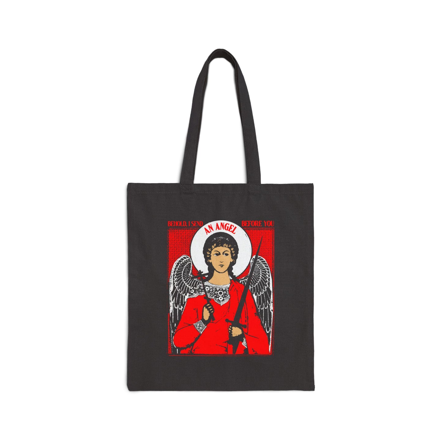 Behold I Send an Angel Before You (Ex 23:20) | Guardian Angel With Cross & Sword IconoGraphic | Orthodox Christian Canvas Tote Bag