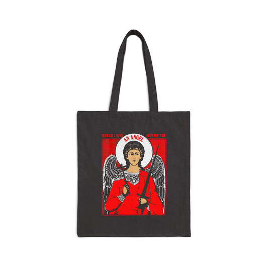 Behold, I Send an Angel Before You (Exodus 23:20) | Guardian Angel With Cross and Sword IconoGraphic | Orthodox Christian Cotton Canvas Tote Bag