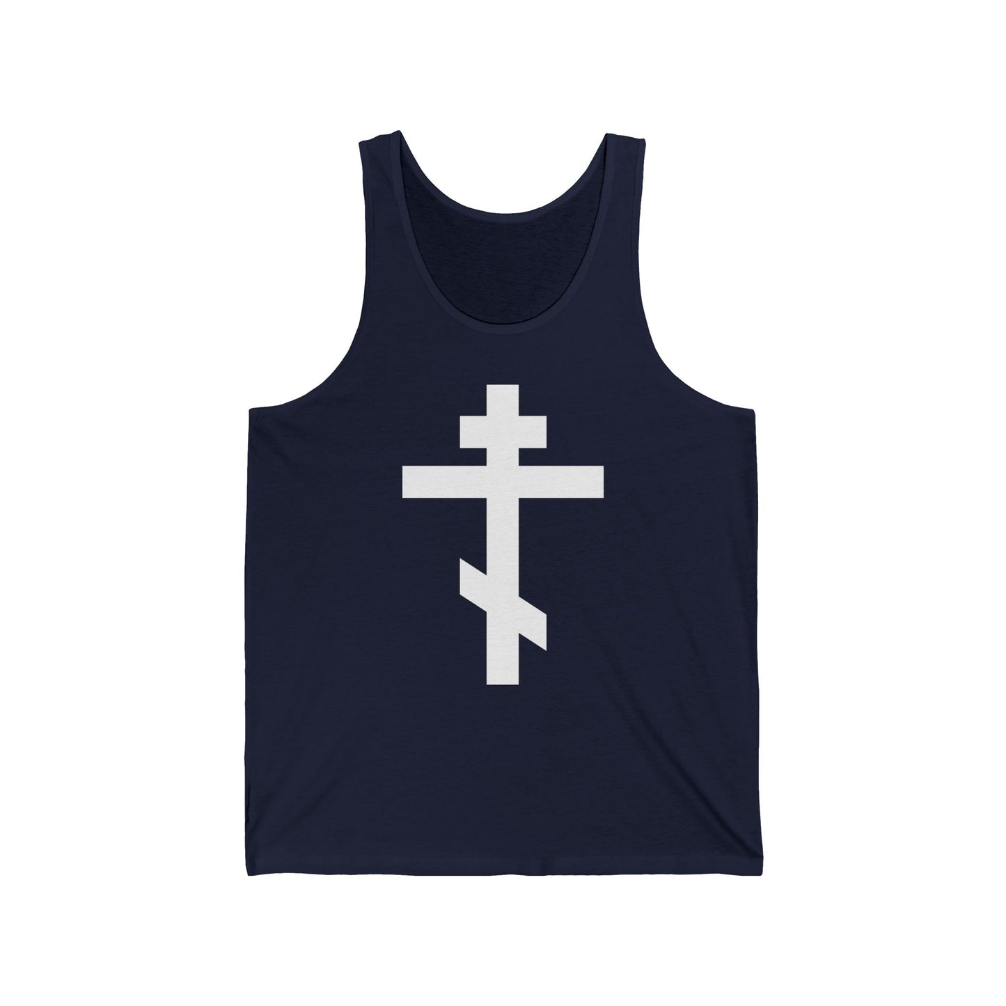 Navy Orthodox tank top featuring a large white cross and the quote "May I never boast, except in the cross of our Lord Jesus Christ" (Gal 6:14), symbolizing faith and salvation.