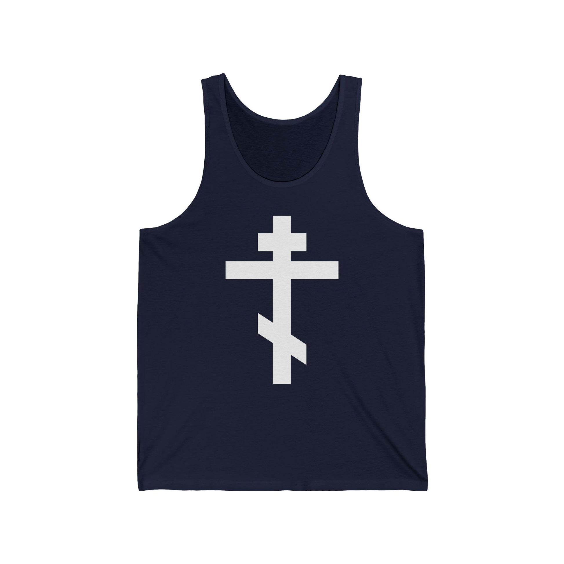Navy Orthodox tank top featuring a large white cross and the quote "May I never boast, except in the cross of our Lord Jesus Christ" (Gal 6:14), symbolizing faith and salvation.