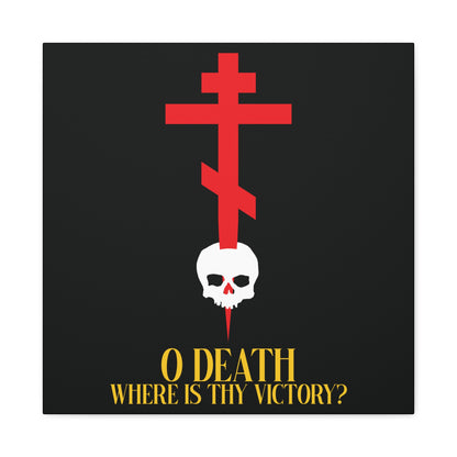 O Death Where is Thy Victory? (1 Corinthians 15:55) | Cross Stabbing Skull | Yellow Text | Orthodox Christian Canvas Art