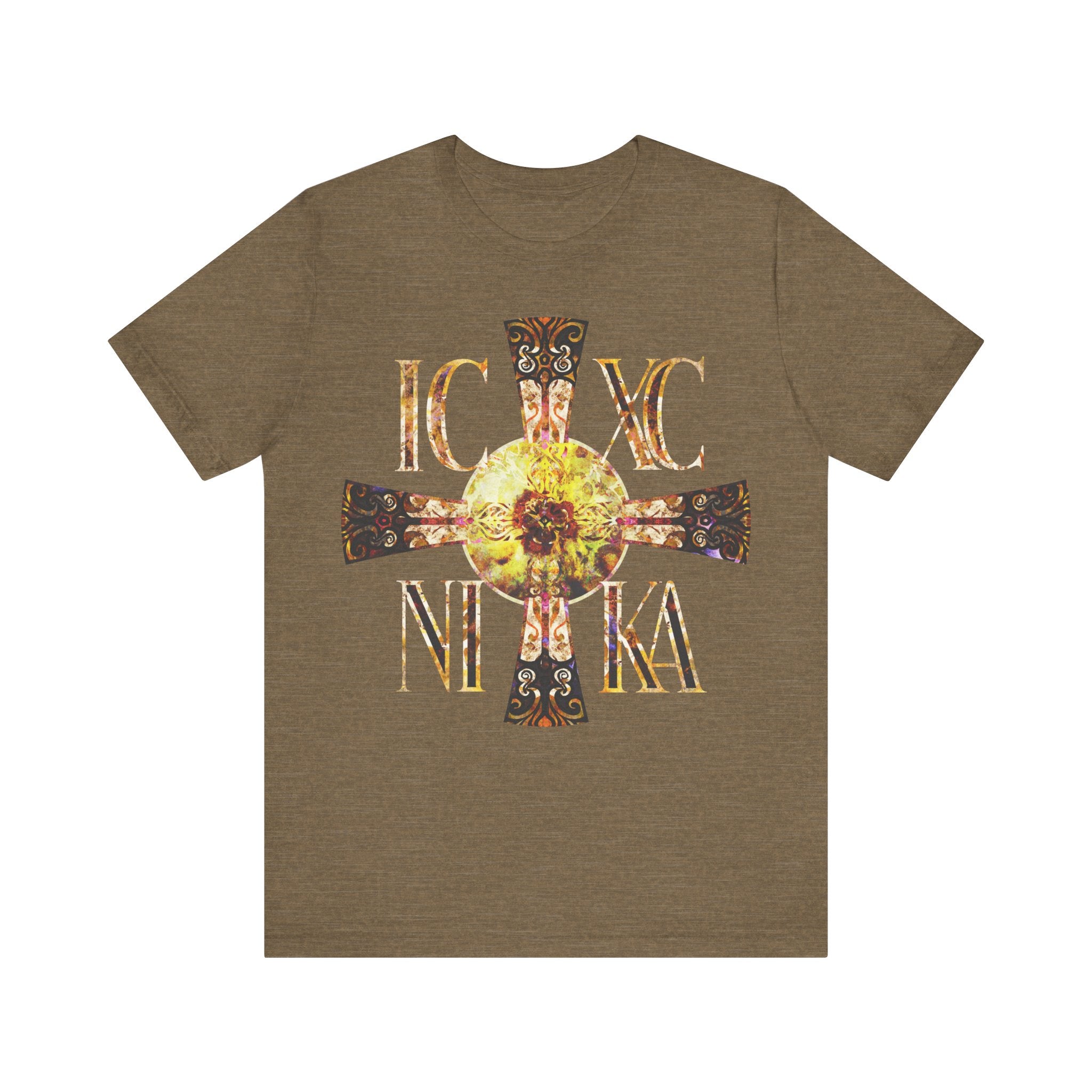 aco 　MEDI CROSS STITCH SHIRT ICXC NIKA Textured Celtic Cross Design Orthodox Christian T