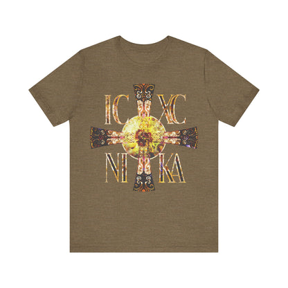 ICXC NIKA Celtic Style Equal Armed Cross | Bright Solar Texture | Orthodox Christian T-Shirt