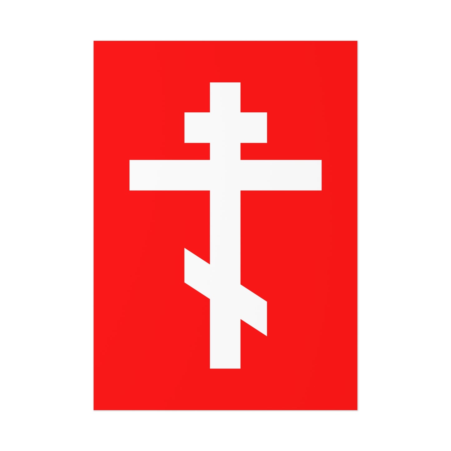 The "White Orthodox Cross Red Background" Orthodox Art Poster features a white cross on red and includes Galatians 6:14: "May I never boast, except in the cross of our Lord Jesus Christ.