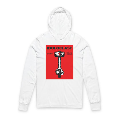 White hoodie featuring a red square with the Jesus NIKA fist holding a sledgehammer, inspired by Christian asceticism. Bold "IDOLCLAST: Smash Your Passions" design nods to Orthodox tradition.