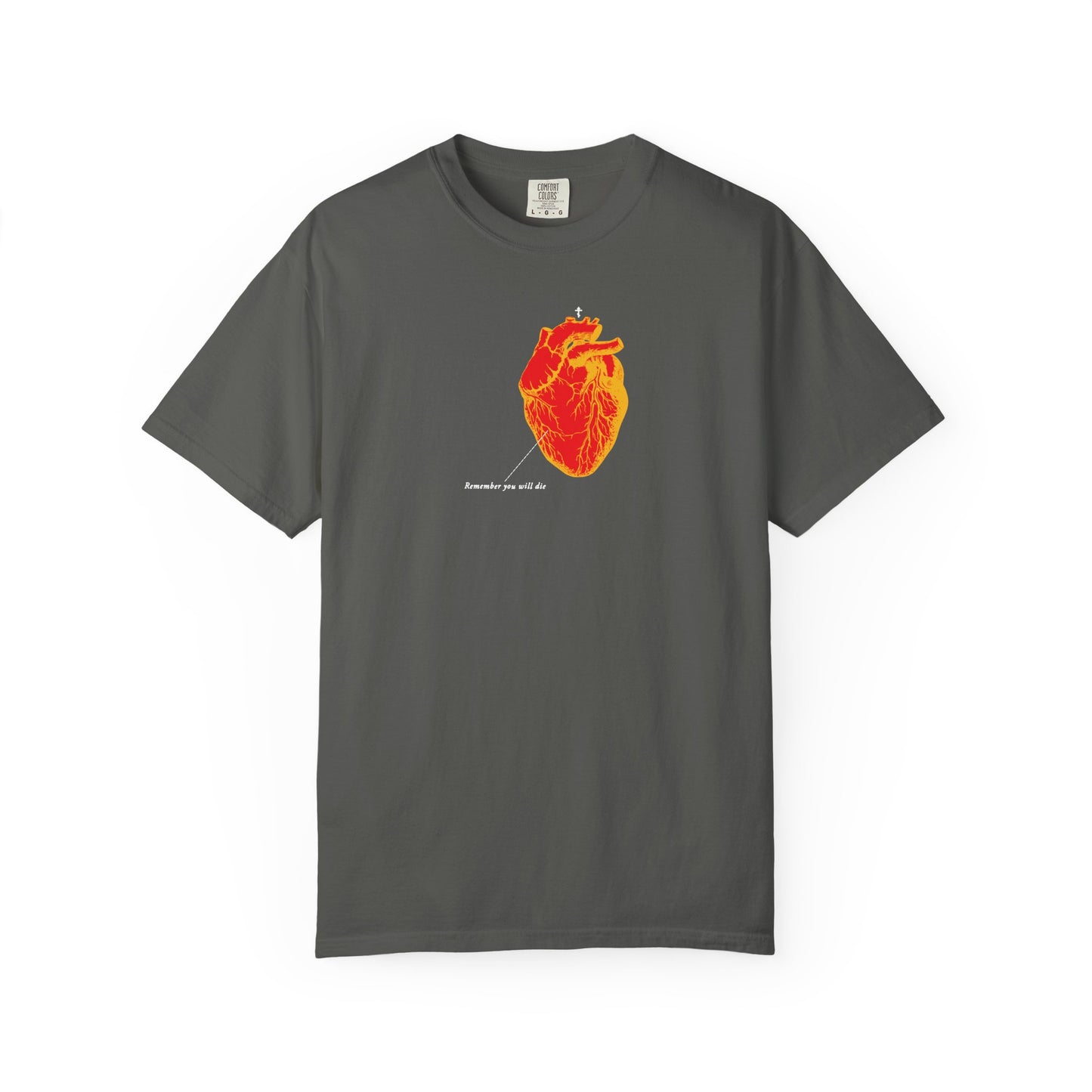 Pepper-colored heavyweight cotton tee featuring a red and orange antique medical textbook heart design, with "Remember You Will Die" text—a memento mori that symbolizes the soul's journey beyond death. Orthodox unisex fit.