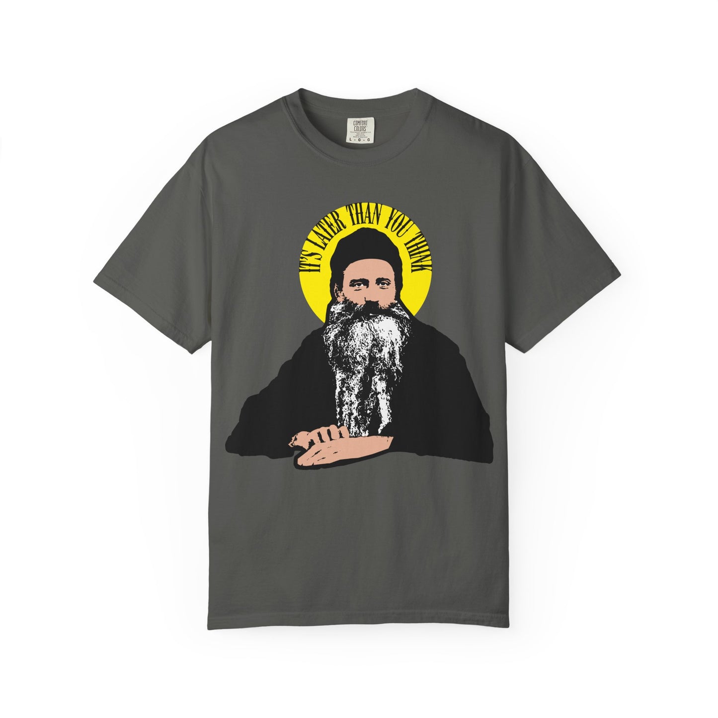 Pepper-colored unisex tee featuring a bearded man with a yellow halo and the quote "It's Later Than You Think," inspired by Fr Seraphim Rose, modern American Orthodox saint. Heavyweight cotton for comfort and durability.