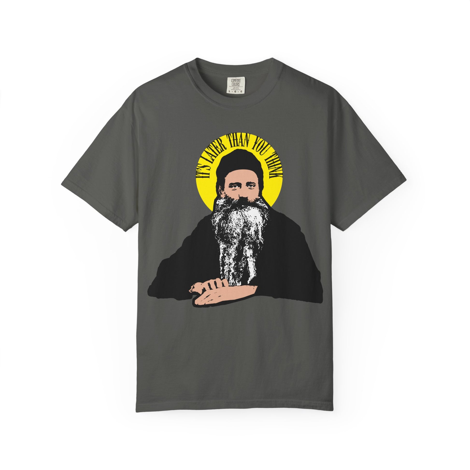 Pepper-colored unisex tee featuring a bearded man with a yellow halo and the quote "It's Later Than You Think," inspired by Fr Seraphim Rose, modern American Orthodox saint. Heavyweight cotton for comfort and durability.
