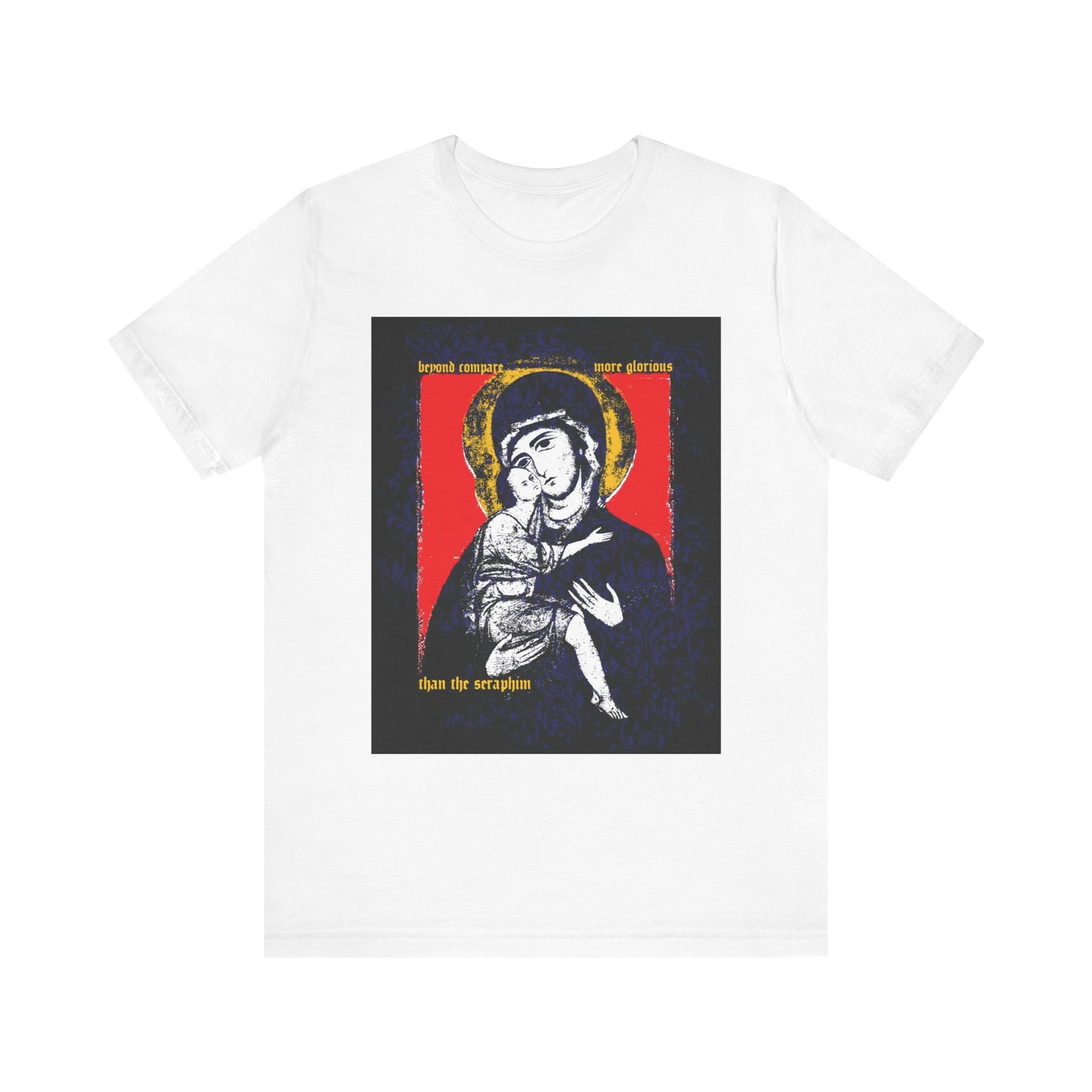 White "Beyond Compare More Glorious Than the Seraphim" Orthodox cotton t-shirt featuring a Vladimir Theotokos icon, floral texture, gold halo, red backdrop, and decorative script—a nod to prayer for salvation.