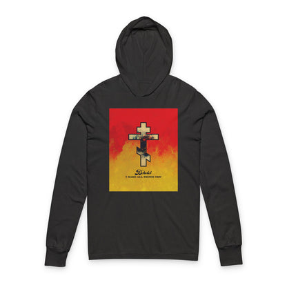 Behold, I Make All Things New (Revelation 21:5) | Cosmic Orthodox Cross on Red and Yellow Background | Orthodox Long Sleeve Hooded Shirt
