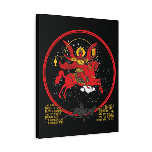 The "Archangel Michael of the Apocalypse Icono-Graphic" Christian canvas art shows St. Michael in armor defeating Satan, inspired by Revelation 12:7-9, with stars and a red circle motif—titled War in Heaven | Satan Cast Out.