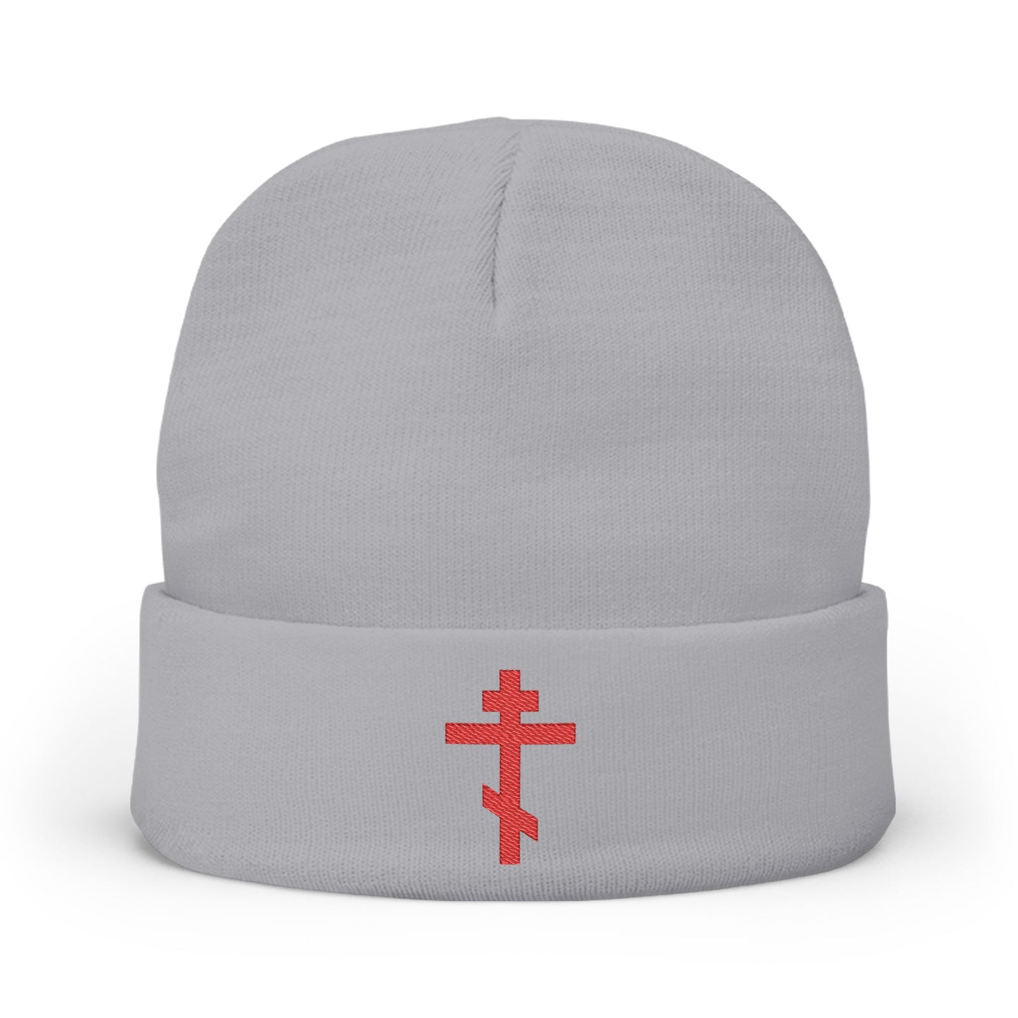 Simple Red Orthodox TriBar Cross | Nail My Passions to the Wood of Thy Precious Cross O Lord | Orthodox Christian Embroidered Knit Beanie