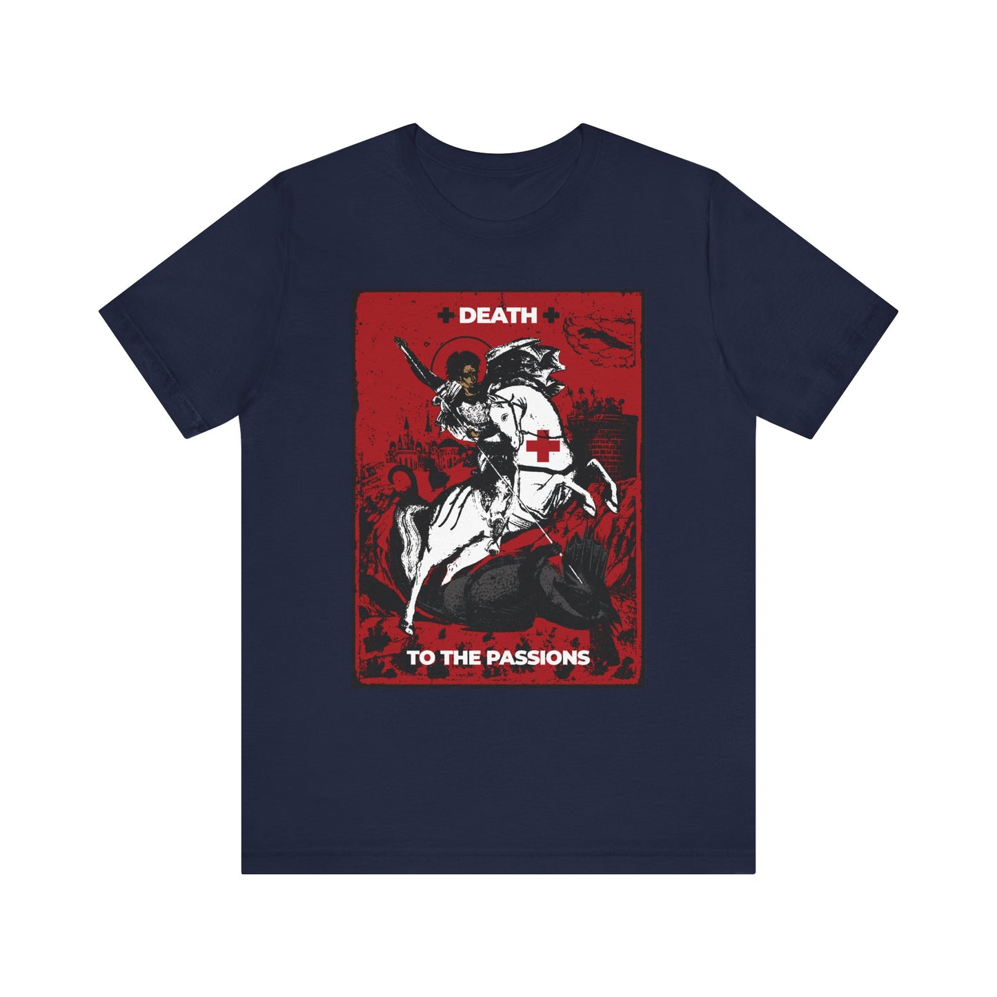 Navy St George Slaying the Dragon | Death to the Passions lightweight unisex cotton t-shirt featuring a striking red and white graphic of St. George on horseback, inspired by Ascetic Orthodox Christianity’s Unseen Warfare—encouraging you to overcome passions and pursue spiritual victory.