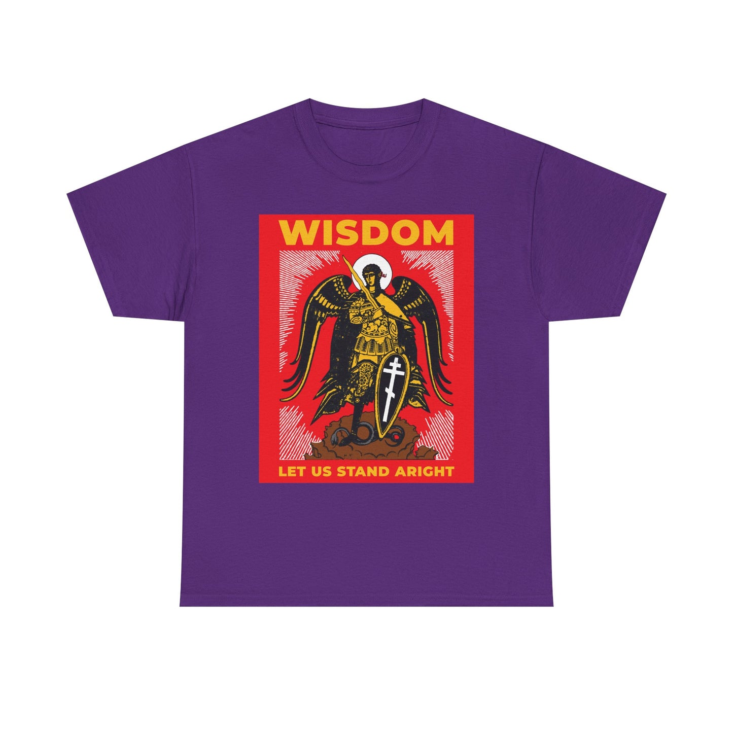 Purple "Wisdom: Let Us Stand Aright" unisex tee, featuring Archangel Michael the Warrior with shield and sword in a Russian Orthodox illustration. Bold text appears in red and yellow. Midweight cotton.