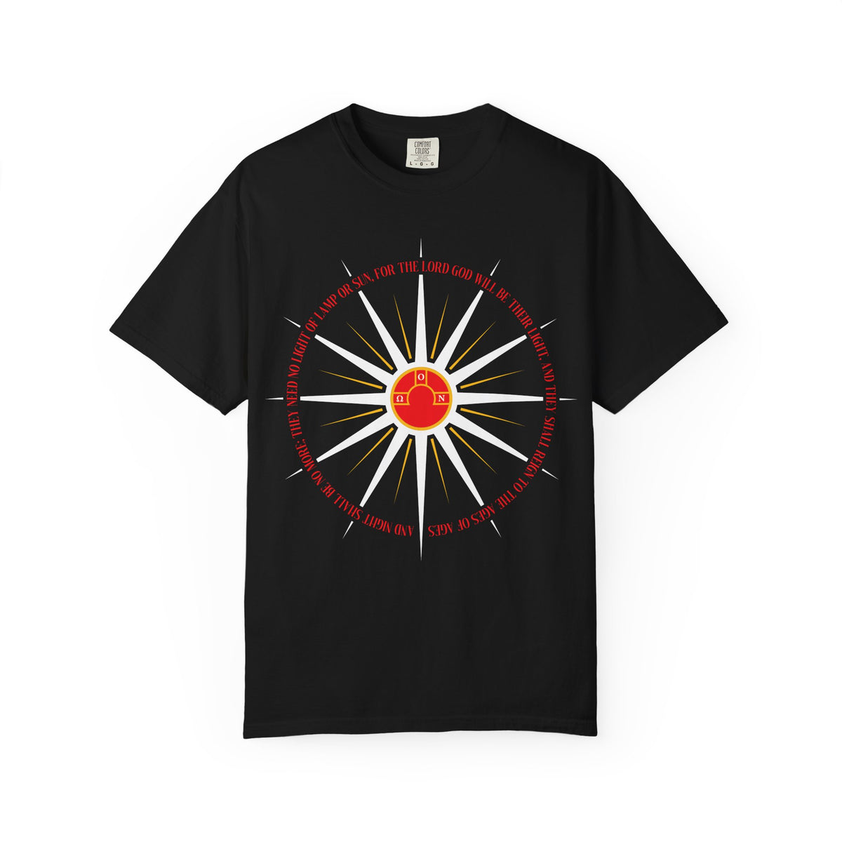 Black heavyweight cotton t-shirt featuring a blazing sunburst design with a red house at the center, encircled by gold text inspired by Revelation 22:5, symbolizing the enduring homeland and the hope of the holy city—an Orthodox Christian apocalyptic theme.