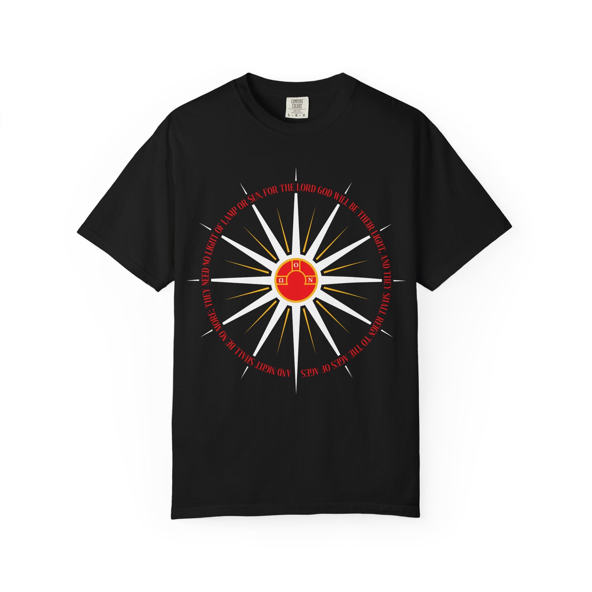 Black heavyweight cotton t-shirt featuring a blazing sunburst design with a red house at the center, encircled by gold text inspired by Revelation 22:5, symbolizing the enduring homeland and the hope of the holy city—an Orthodox Christian apocalyptic theme.