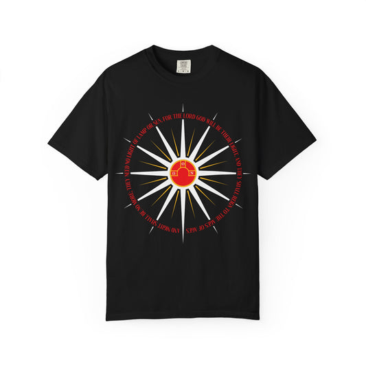 Black heavyweight cotton t-shirt featuring a blazing sunburst design with a red house at the center, encircled by gold text inspired by Revelation 22:5, symbolizing the enduring homeland and the hope of the holy city—an Orthodox Christian apocalyptic theme.