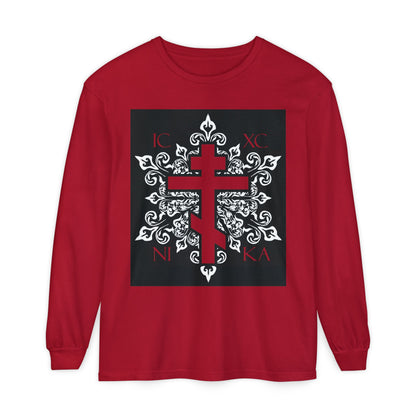 ICXC / NIKA Red Orthodox Cross on Ornate White Medieval Floral Design | Exclusive Best-Selling | Orthodox Christian Long Sleeve Shirt