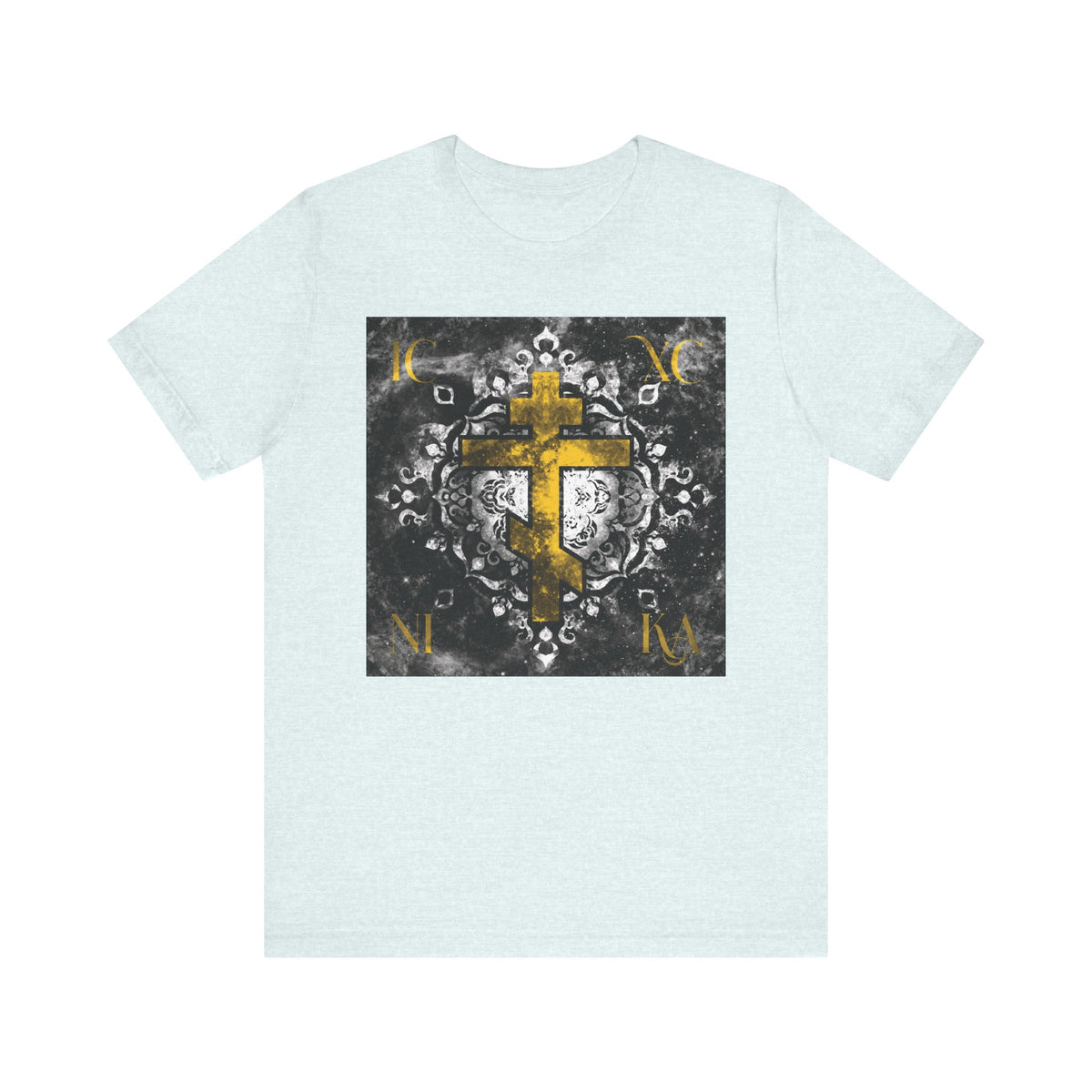 Lightweight unisex cotton tee in light gray, featuring a gold ICXC NIKA Orthodox cross inspired by the Jesus passion, set against a grayscale ornate floral textured background on the front.