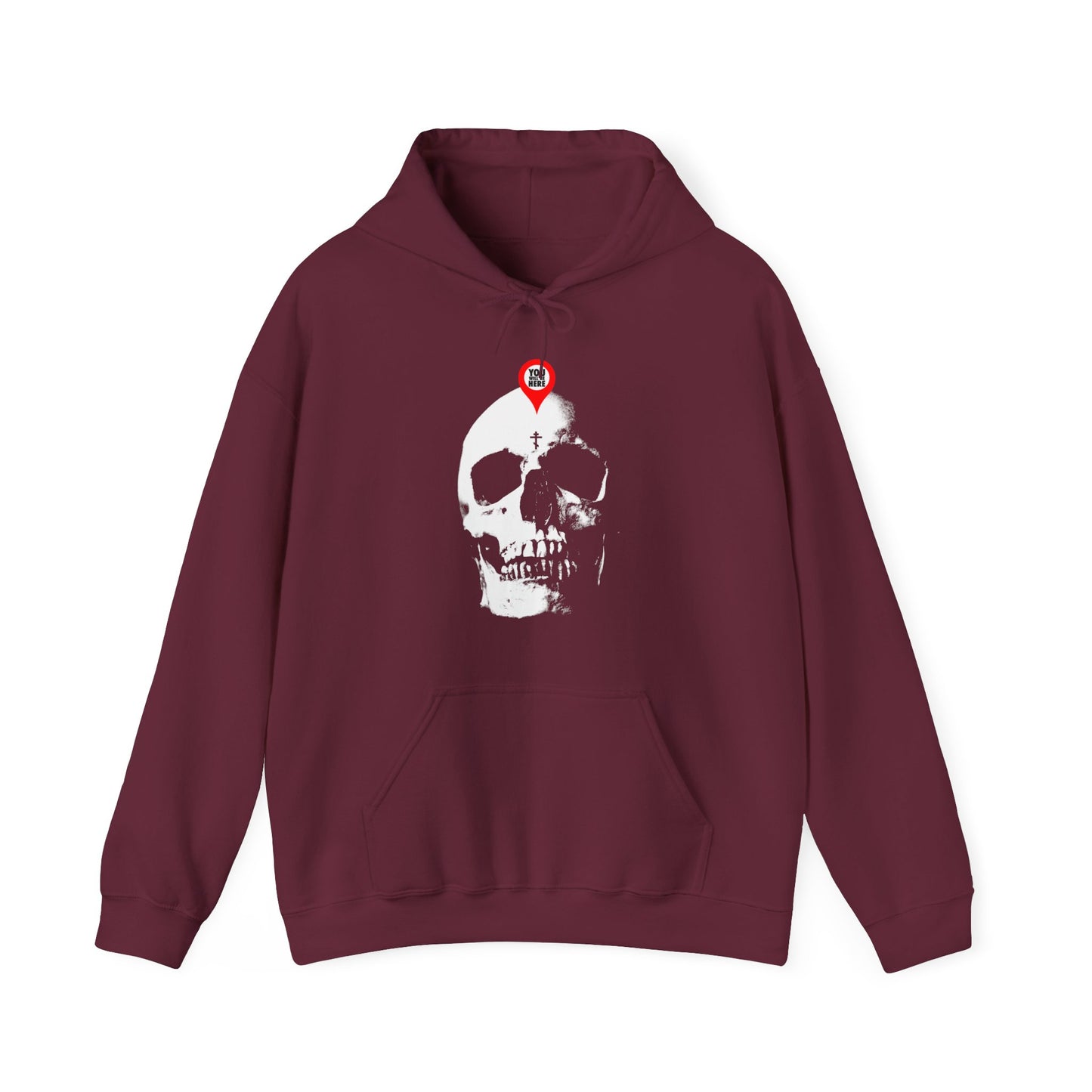 Maroon "You Will Be Here Maps Marker on Skull" hoodie with a bold white skull design—a nod to memento mori and the Orthodox Christian message: “What you are I once was. Remember you will die.”.
