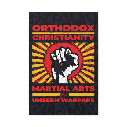 Orthodox Christianity: Martial Arts for Unseen Warfare | NIKA Jesus Fist on Colorful Sunburst Design | Orthodox Christian Canvas Art