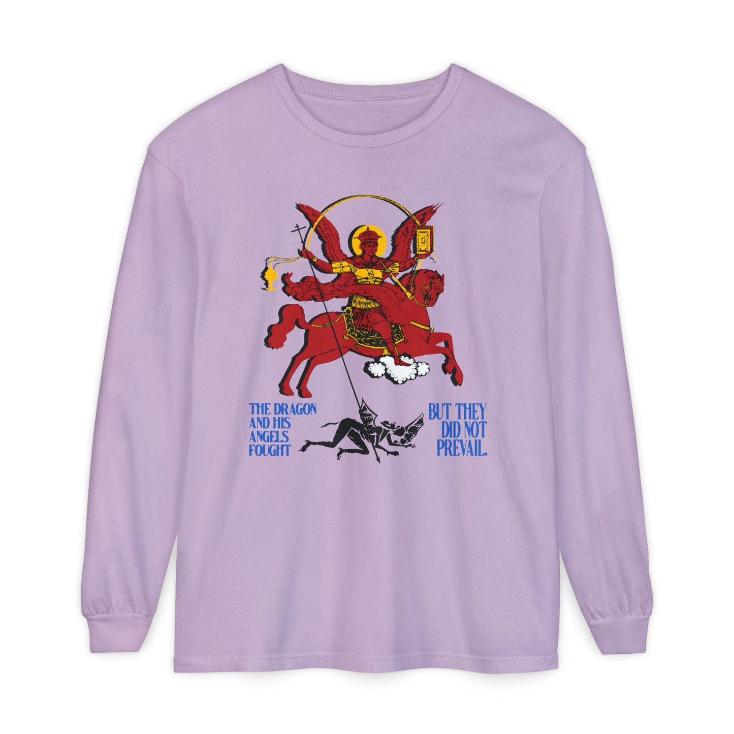 Apocalyptic St Michael Icono-Graphic (Rev 12:7-8) | Red Angel & Horse | Blue Lettering | Orthodox Christian Cotton Long Sleeve Shirt
