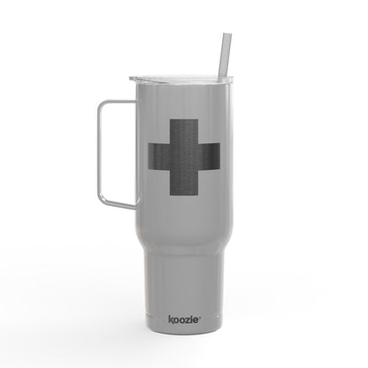 Experience the Minimalist Cross Engraved 40oz Koozie Tumbler—an insulated stainless steel accessory in sleek gray, designed for home or travel. Featuring a convenient handle, clear lid, straw, and a striking black cross design inspired by the Orthodox feast of the Exaltation of the Cross, this tumbler is finished with a subtle koozie logo at its base.