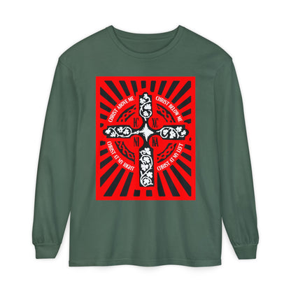 Red ICXC NIKA Enniskillen Celtic Cross | Lorica of St. Patrick | Shield Prayer | Orthodox Christian Long Sleeve Shirt