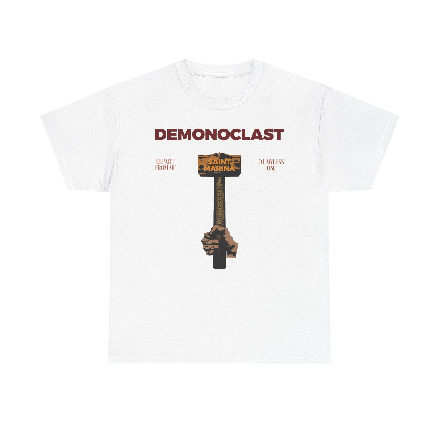 White midweight cotton unisex tee featuring "Demonoclast | St. Marina's Hammer" and NIKA Fist graphic, inspired by the legacy of Great Martyr Marina and unseen warfare. Orthodox design, white color.
