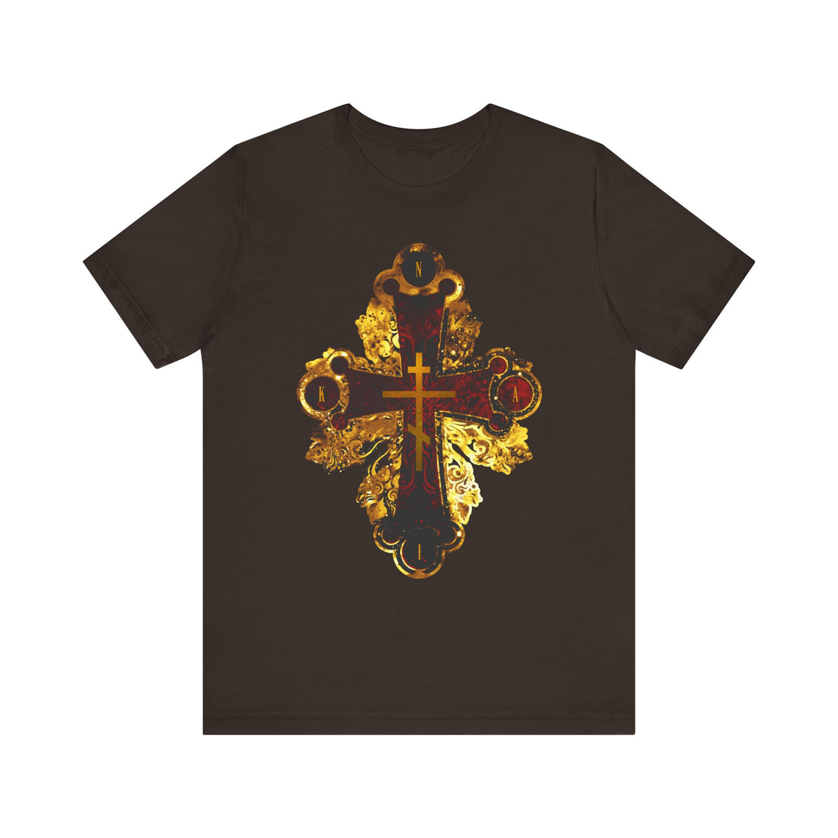Brown unisex lightweight cotton t-shirt featuring an ornate metallic-style Orthodox NIKA cross in red and gold textures on the front, inspired by the Sessional Hymn from Tone 3 Tuesday Matins.