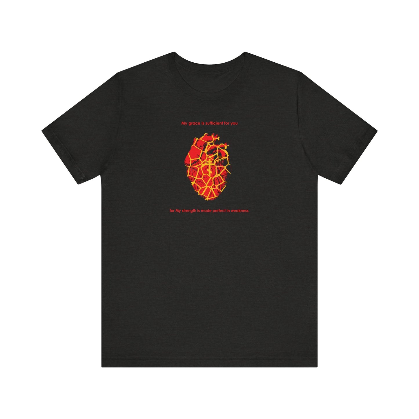 Black Heather unisex tee featuring a kintsugi-style golden broken heart, Orthodox Cross, and "My Strength is Made Perfect in Weakness" (2 Cor 12:9), symbolizing hope and resilience for the broken spirit. Lightweight cotton.
