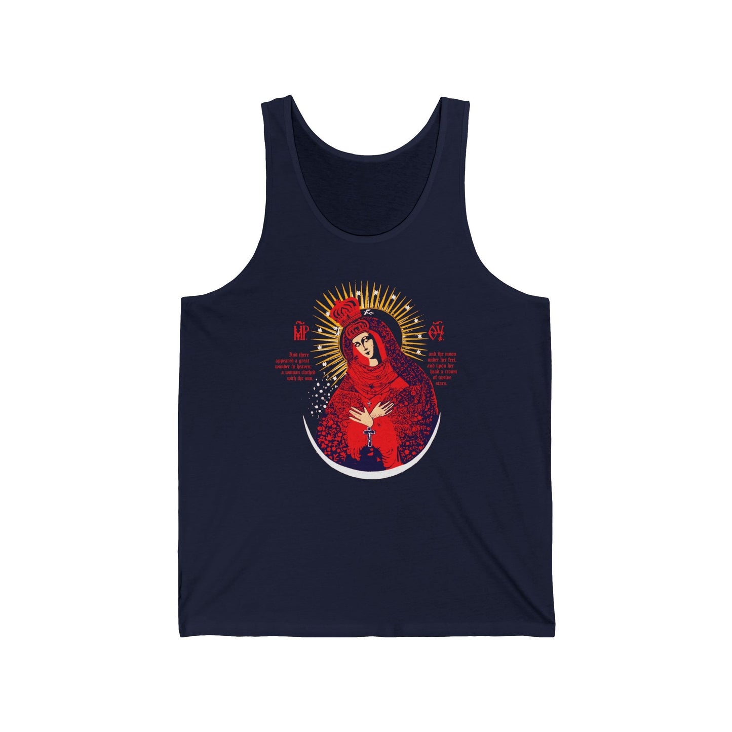 Our Lady the Gate of Dawn Icono-Graphic | Theotokos Crowned | Woman of the Apocalypse | Red Blue & Gold Design | Orthodox Christian Tank Top