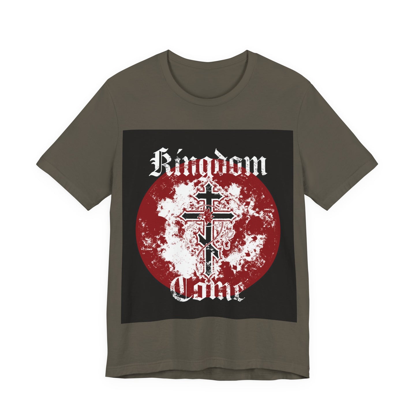 Army green unisex cotton t-shirt featuring a distressed Orthodox cross with vine, "Kingdom Come" text in gothic font, inspired by the Lord’s Prayer.