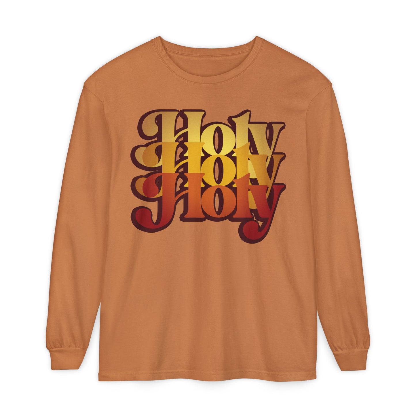 Yam-colored long sleeve cotton shirt featuring bold “Holy Holy Holy” text in a 70s retro gradient, inspired by the liturgical Trisagion prayer from Isaiah 6 and traditional Orthodox praise.