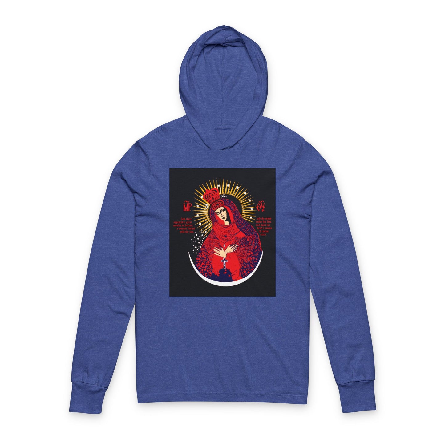 Our Lady the Gate of Dawn Icono-Graphic | Theotokos Crowned | Woman of the Apocalypse | Red Blue & Gold Design | Orthodox Hooded Shirt