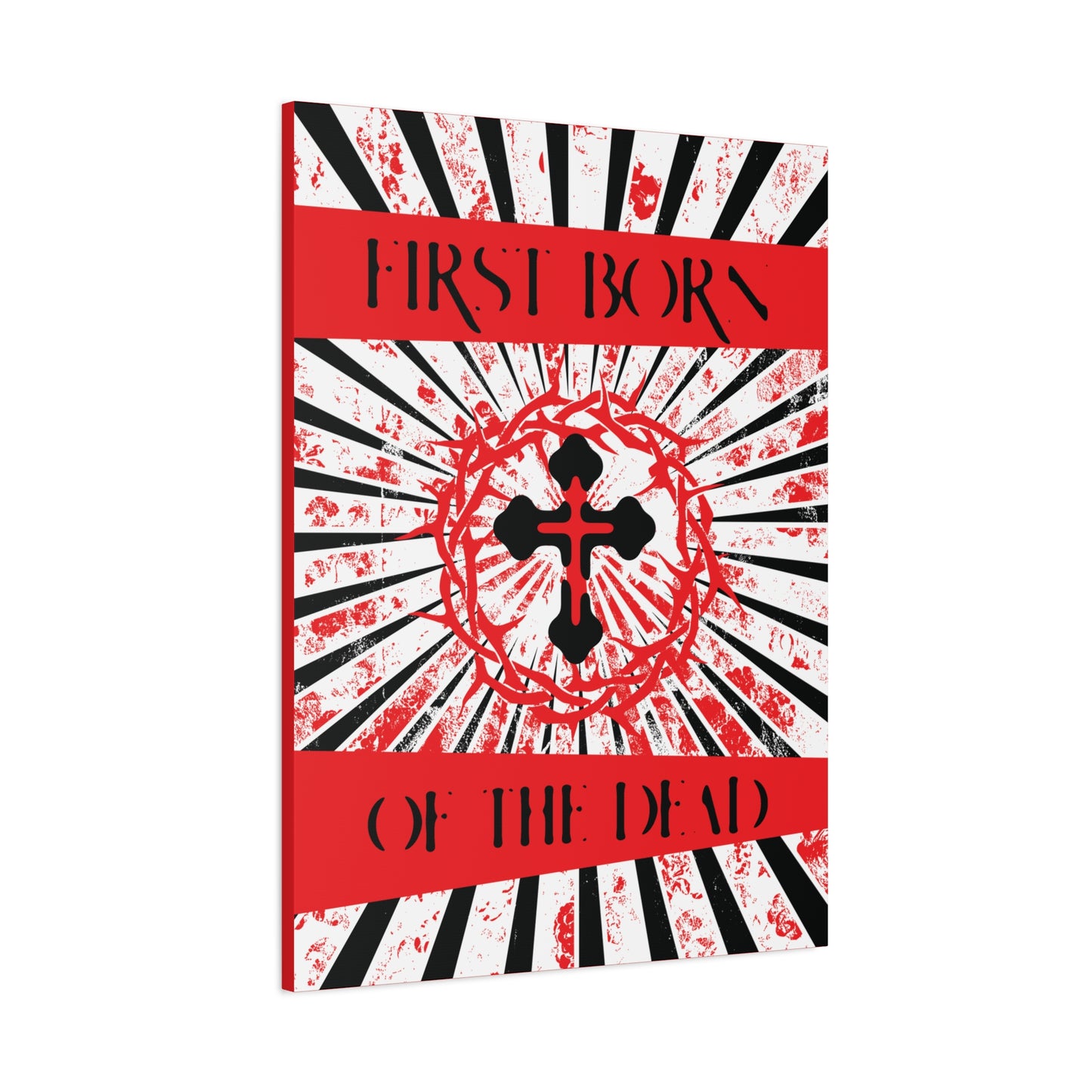 First Born of the Dead | Orthodox Cross and Crown of Thorns | Red White and Black Textured Design with Rays | Orthodox Christian Canvas Art