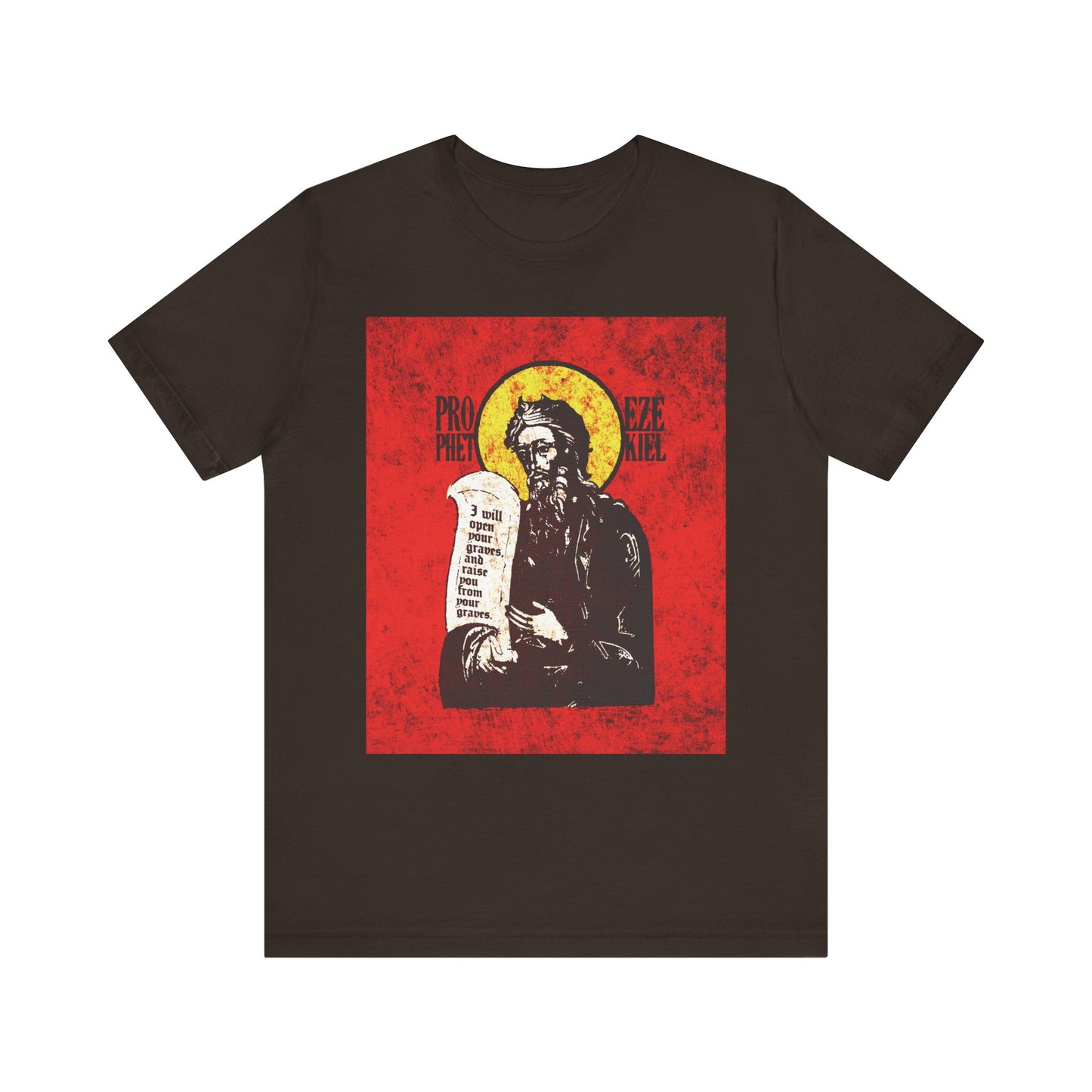 Brown t-shirt featuring the IconoGraphic Prophet Ezekiel—a textured, high-contrast red and yellow design inspired by the Old Testament, symbolizing the breath of life and the Spirit of the Lord.