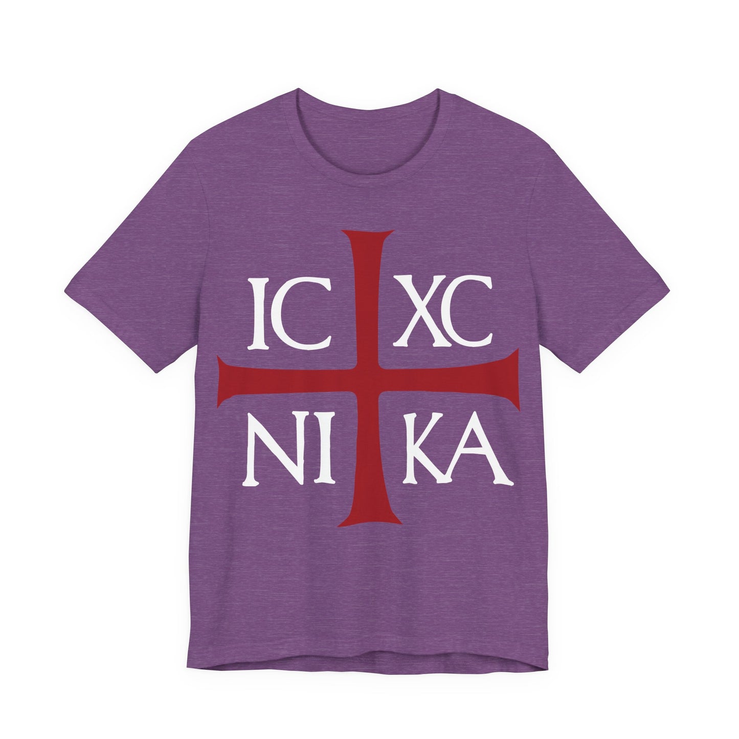 Heather Team Purple cotton t-shirt featuring a bold red cross and white "ICXC NIKA"—the ancient Byzantine Christogram meaning "Jesus Christ Conquers." A perfect Orthodox Christian shirt inspired by victory in Christ.